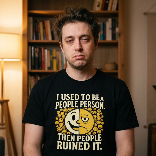 Introvert at home wearing I Used to Be a People Person tee, 1:1 lifestyle