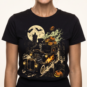 Graveyard Hot Rod tee worn front view, black unisex tee, skeleton driving a flaming hot rod hearse, ghosts, full moon