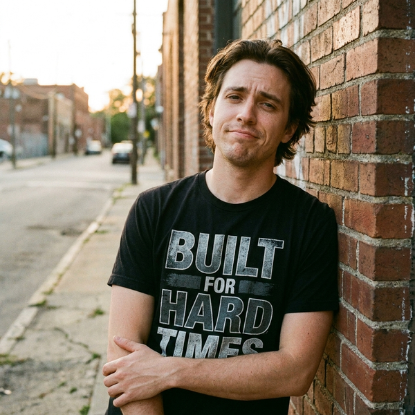 Built for Hard Times Recession Core Tee — lifestyle photo, urban street, candid photography