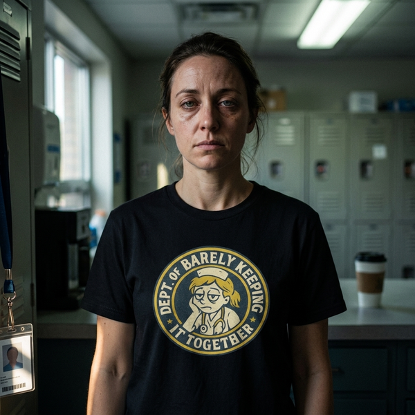 Healthcare worker in hospital break room wearing black Dept. of Barely Keeping It Together vintage badge tee with red and white emblem on chest