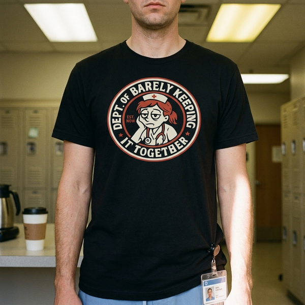 Burnout nurse tee close-up — black unisex Dept. of Barely Keeping It Together badge shirt for healthcare workers