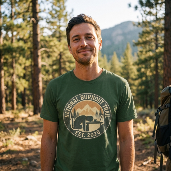 Hiker on pine forest trail wearing forest green National Burnout Trail vintage badge tee with cream and gold national park emblem on chest