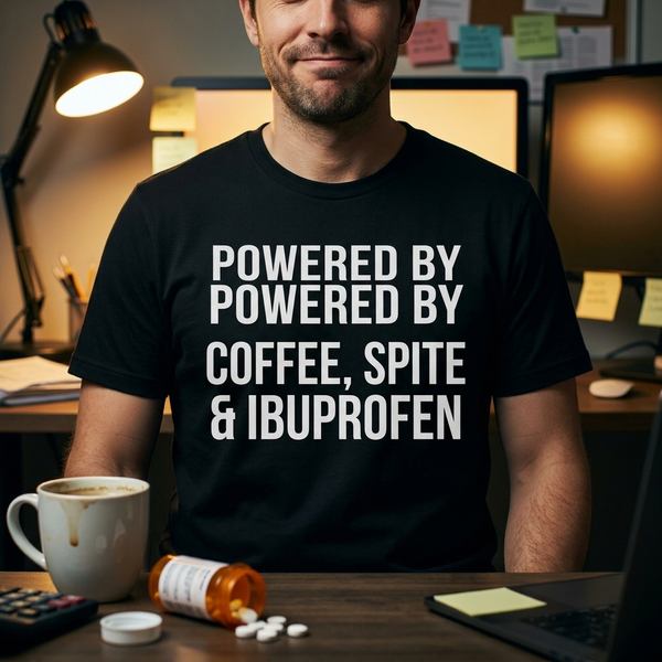 Powered by Coffee Spite and Ibuprofen funny survival shirt close-up — black unisex statement tee for burnout adults