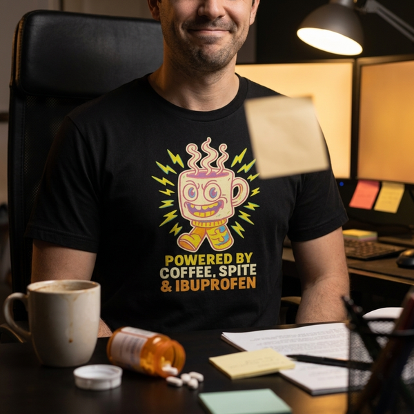 Tired office worker at desk wearing black Powered by Coffee Spite and Ibuprofen statement tee with bold white three-line print