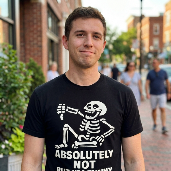 Lifestyle shot of person wearing black Absolutely Not But I'm Funny sarcastic graphic tee