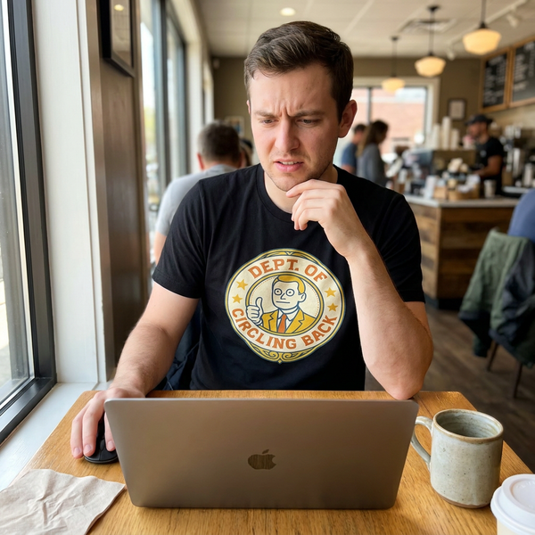 Man wearing Dept of Circling Back black t-shirt at coffee shop, design fully visible