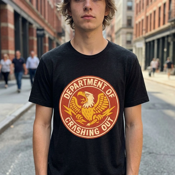 Person on a city street wearing a black Department of Crashing Out t-shirt with distressed eagle seal graphic