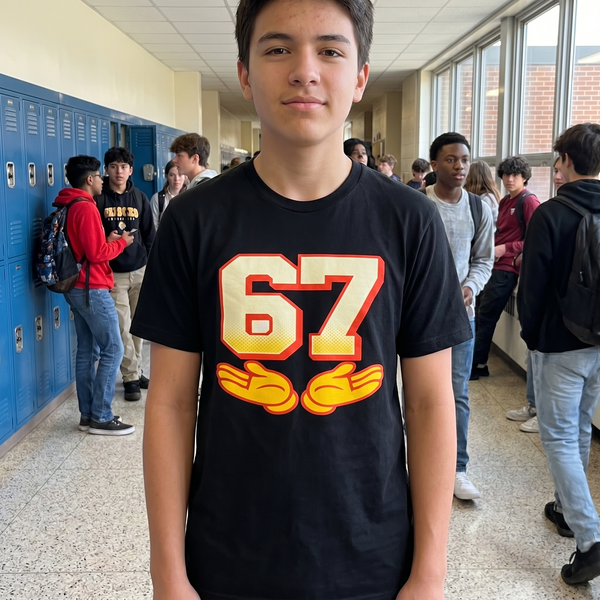 Teen wearing 67 viral meme black graphic tee in a school hallway