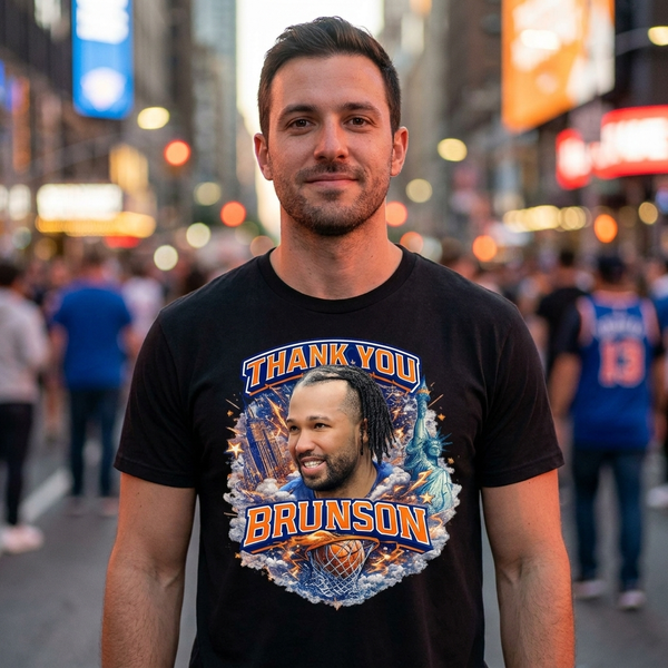 New York basketball fan wearing the Thank You Brunson black tee on a NYC street at dusk