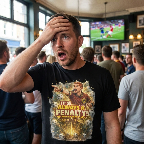 Soccer fan reacting to the ref wearing the It's Always a Penalty World Cup tee