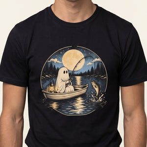 Ghost Angler tee worn front view, black unisex tee, sheet ghost fishing from a rowboat under the moon