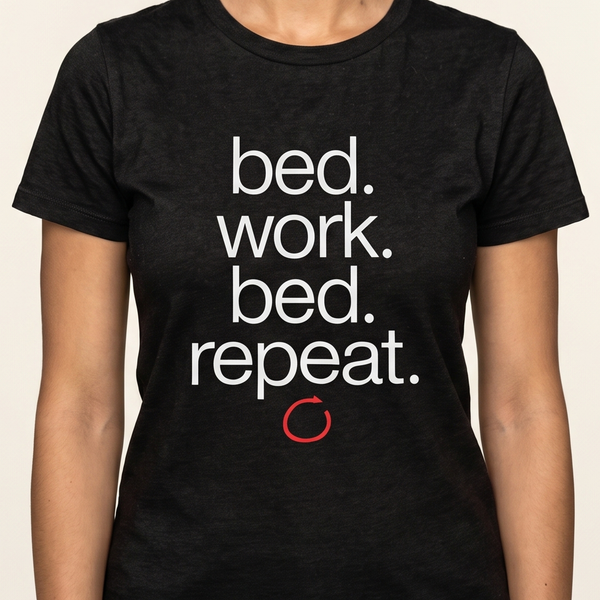 bed. work. bed. repeat. tee worn front view, black heather unisex tee, lowercase stack with a red loop