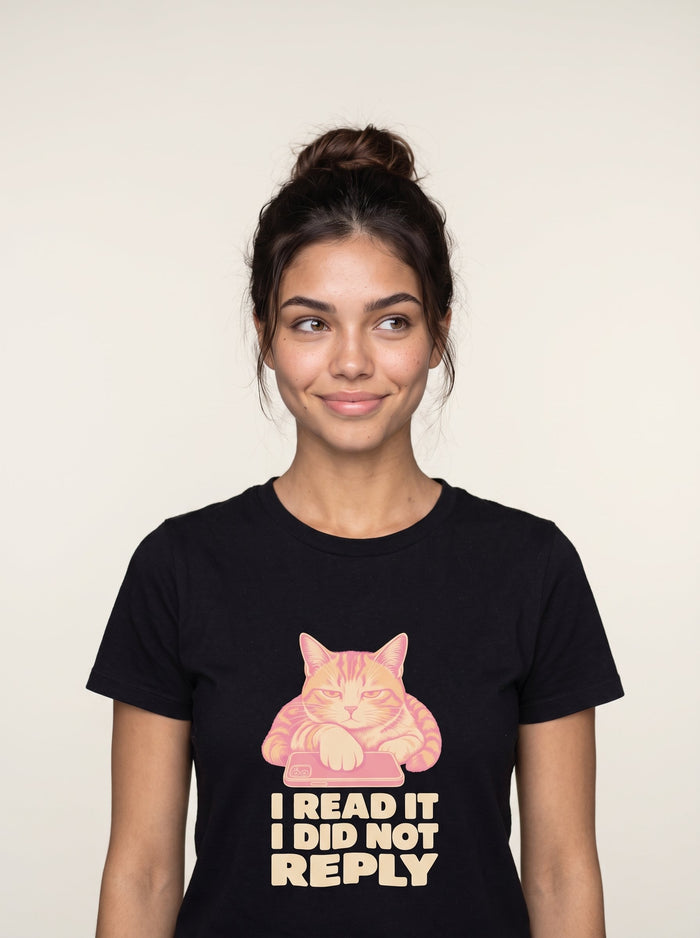 I Read It I Did Not Reply tee worn front view, black unisex tee, cat resting a paw on a phone