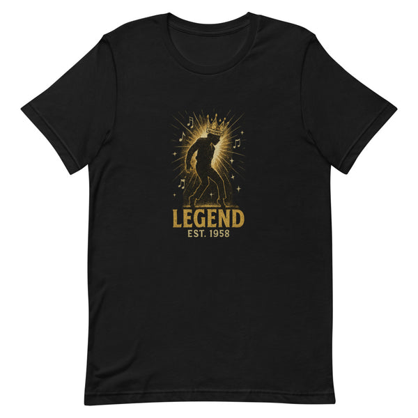 Vintage halftone music legend silhouette with crown, LEGEND EST. 1958 text, on black tee