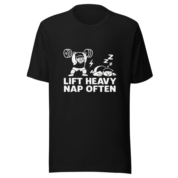 Muscular cartoon character weightlifting lift heavy nap often on black t-shirt