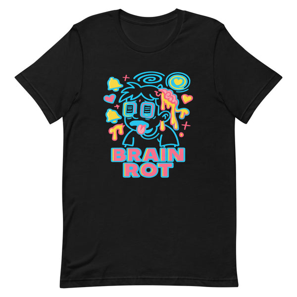 Glazed-eye cartoon character surrounded by notification bells and a dopamine vortex with BRAIN ROT in bold letters on a black t-shirt