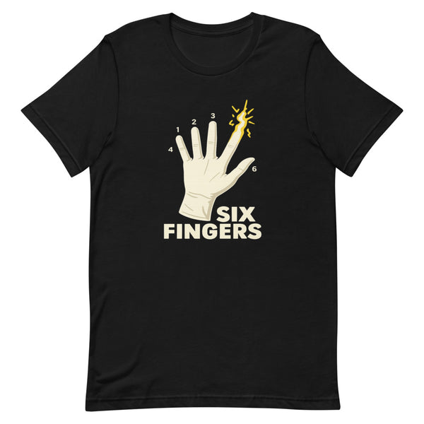 Deadpan illustration of an elegant opera glove with six numbered fingers and the words SIX FINGERS in bold block letters on a black t-shirt