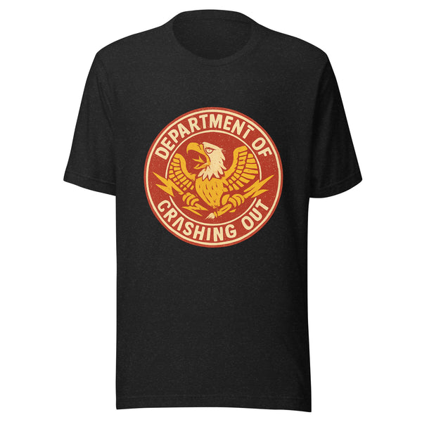 Department of Crashing Out funny meme t-shirt, distressed eagle seal on black tee, front