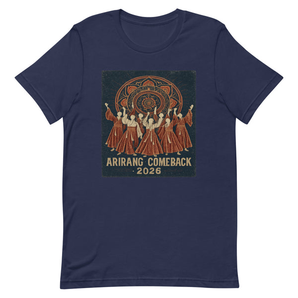 Vintage screen-print of seven hanbok-clad silhouettes with a Korean dancheong mandala, with the words Arirang Comeback 2026 on a navy t-shirt
