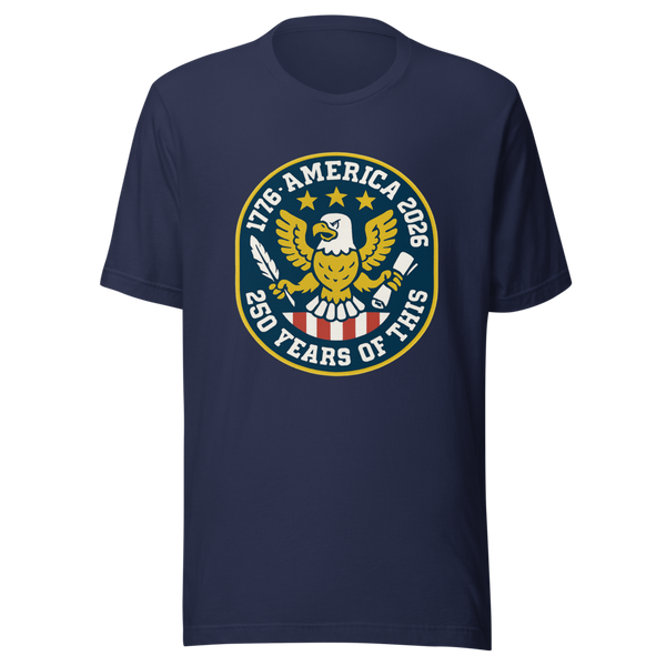 America 250 Badge Tee 250th Anniversary Patriotic Shirt - Navy front view