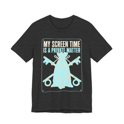 My Screen Time Is A Private Matter tee flat front, dark grey heather unisex tee, a padlocked phone in a pouch