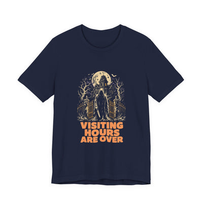 Navy tee printed with a haunted house under a full moon and a hooded figure with a knife, text Visiting Hours Are Over