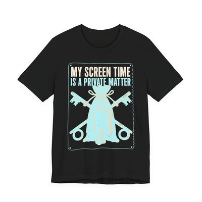 My Screen Time Is A Private Matter tee flat front, black unisex tee, a padlocked phone in an evidence pouch
