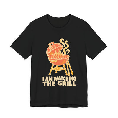 I Am Watching The Grill tee flat front, black unisex tee, kettle grill with smoke
