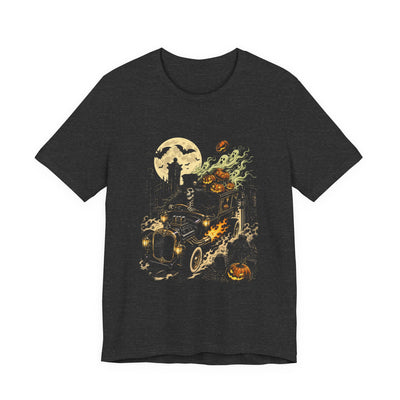 Dark grey heather tee printed with a skeleton hot rod hearse, ghosts, pumpkins and bats under a full moon