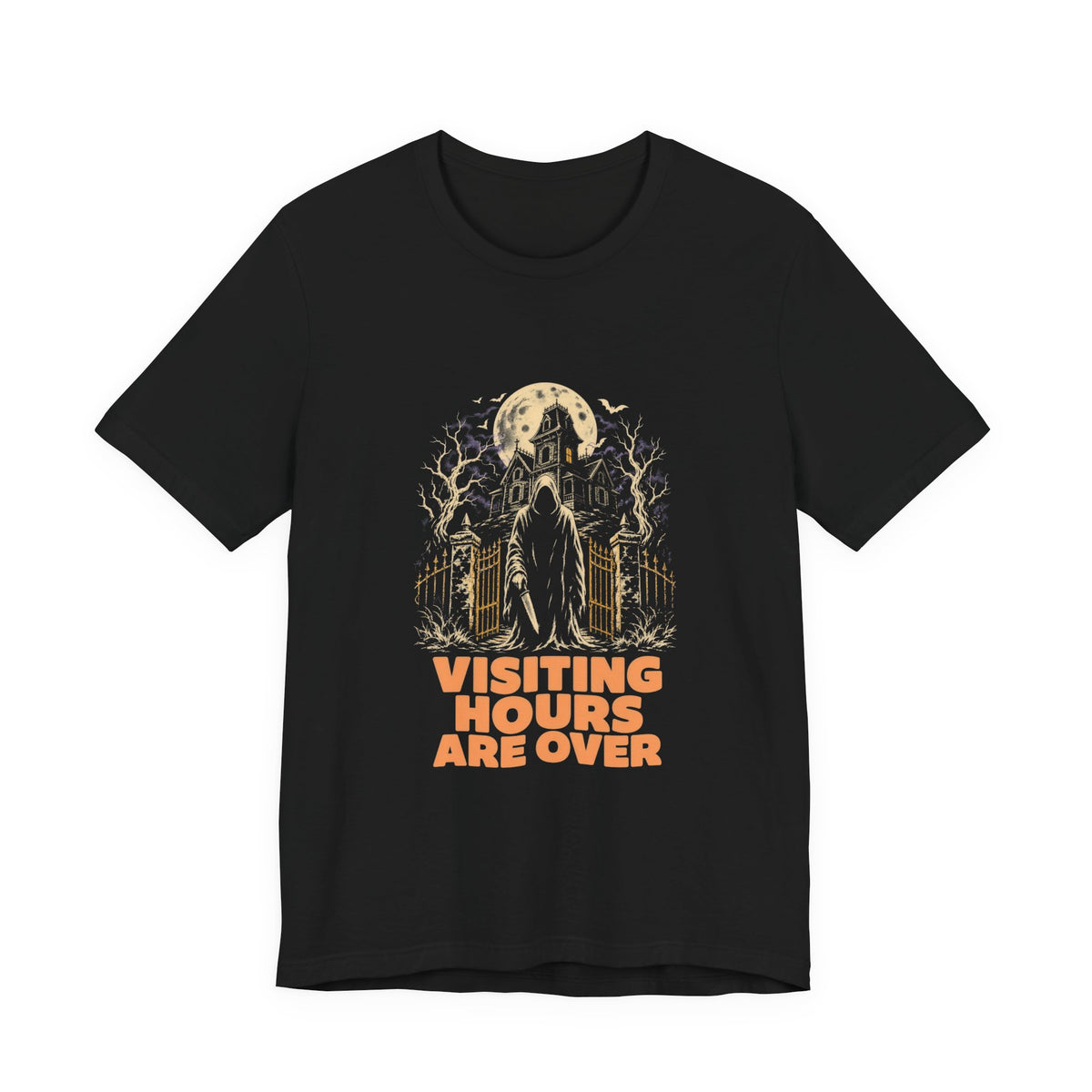 Black tee printed with a haunted house under a full moon and a hooded figure with a knife, text Visiting Hours Are Over