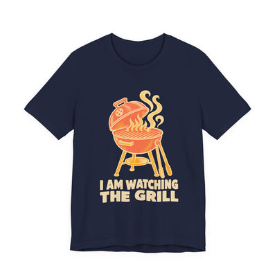 I Am Watching The Grill tee flat front, navy unisex tee, kettle grill with smoke