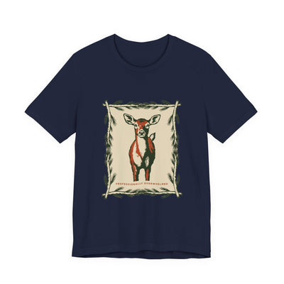 Professionally Overwhelmed tee flat front, navy unisex tee, wide-eyed deer in a botanical frame