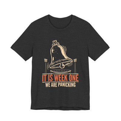 It Is Week One tee flat front, dark grey heather unisex tee, alarm bell over a stadium