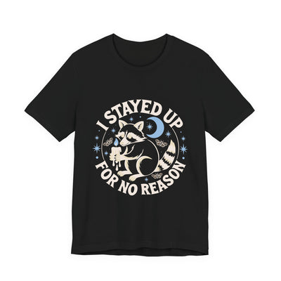 I Stayed Up For No Reason tee flat front, black unisex tee, a raccoon holding a candle under a crescent moon