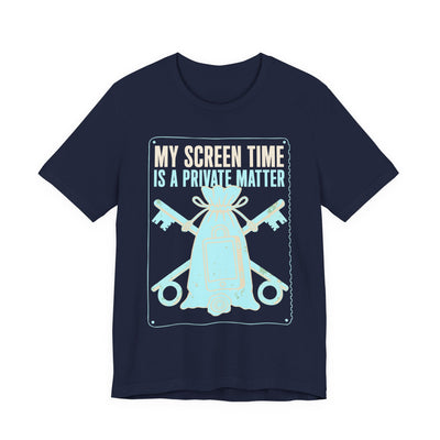 My Screen Time Is A Private Matter tee flat front, navy unisex tee, a padlocked phone in an evidence pouch