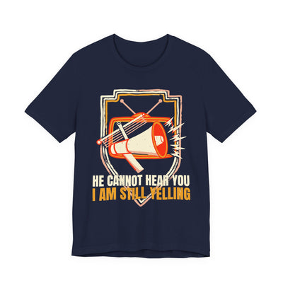 He Cannot Hear You tee flat front, navy unisex tee, megaphone and antenna crossed over a vintage television