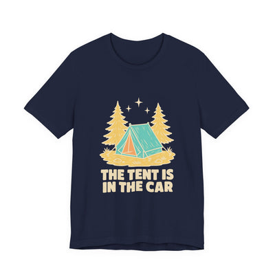 The Tent Is In The Car tee flat front, navy unisex tee, tent between two pines