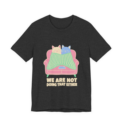 We Are Not Doing That Either tee flat front, dark grey heather unisex tee, cream print