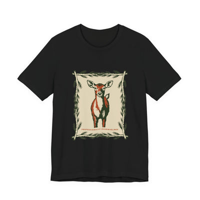 Professionally Overwhelmed tee flat front, black unisex tee, wide-eyed deer in a botanical frame