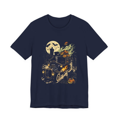 Navy tee printed with a skeleton in a top hat driving a flaming hot rod hearse out of a graveyard, jack-o-lanterns and ghosts, full moon