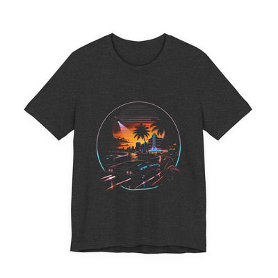 Dark grey heather tee printed with a retro neon sunset, palm trees and a night drive inside a glowing ring