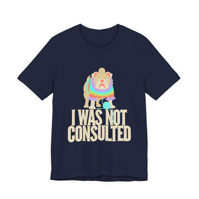 I Was Not Consulted tee flat front, navy unisex tee, bulldog in a knitted sweater