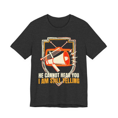 He Cannot Hear You tee flat front, dark grey heather unisex tee, megaphone and antenna over a television