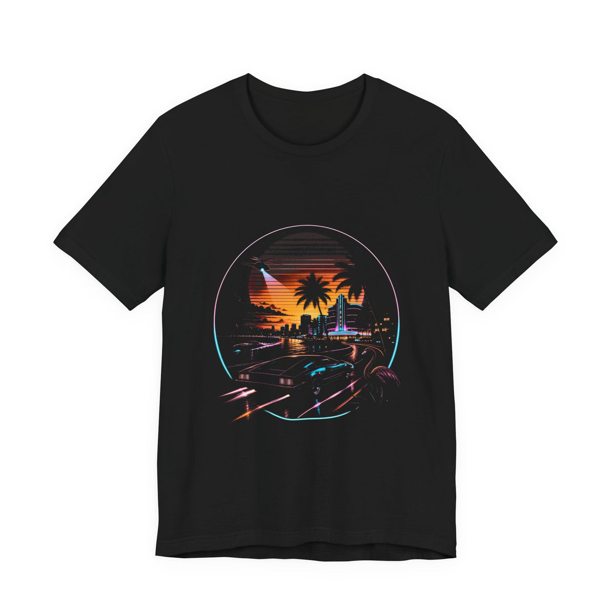 Black tee printed with a neon synthwave night scene: sunset, palm trees, art-deco skyline and a sports car with light trails