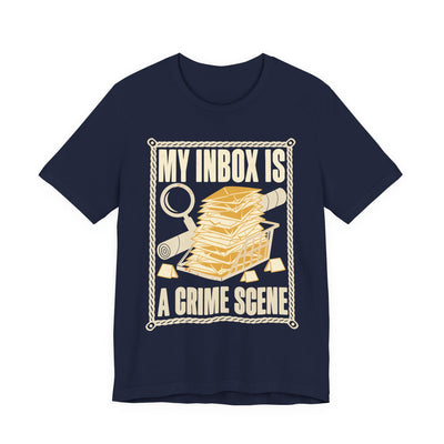 My Inbox Is A Crime Scene tee flat front, navy unisex tee, an overflowing mail tray with a magnifying glass