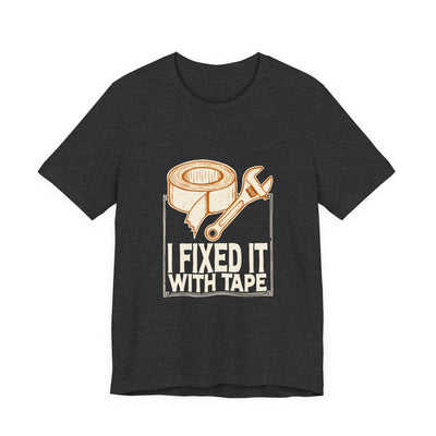 I Fixed It With Tape tee flat front, dark grey heather unisex tee, cream and pistachio a roll of duct tape
