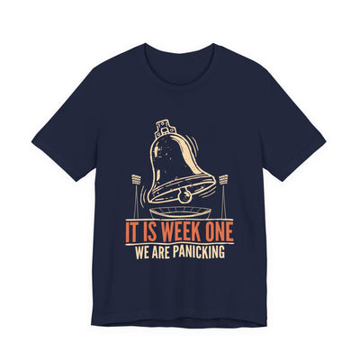 It Is Week One tee flat front, navy unisex tee, alarm bell over a stadium
