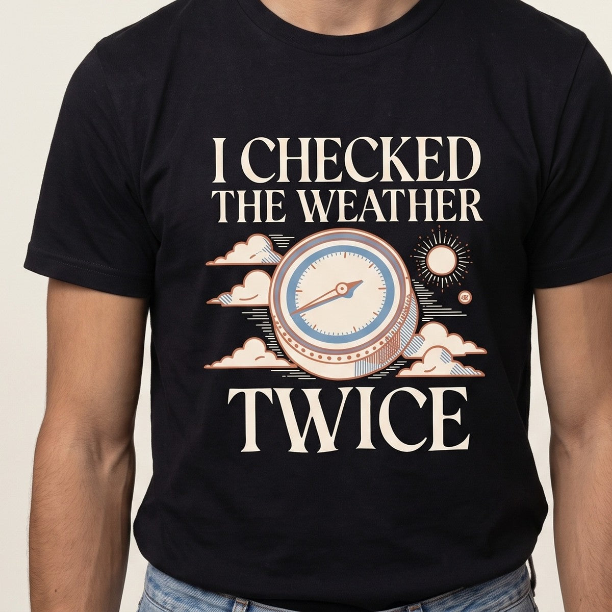 I Checked The Weather Twice tee worn front view, black unisex tee, vintage barometer and clouds
