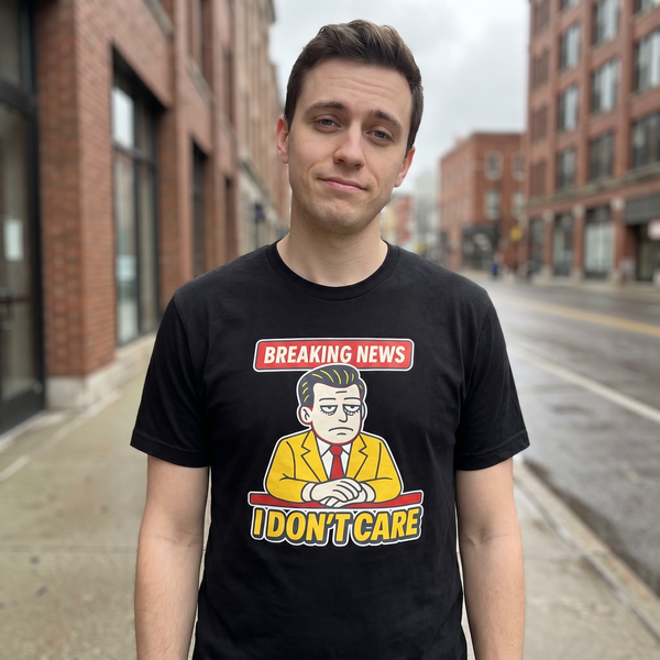 Person on city sidewalk wearing Breaking News I Don't Care tee, 1:1 lifestyle