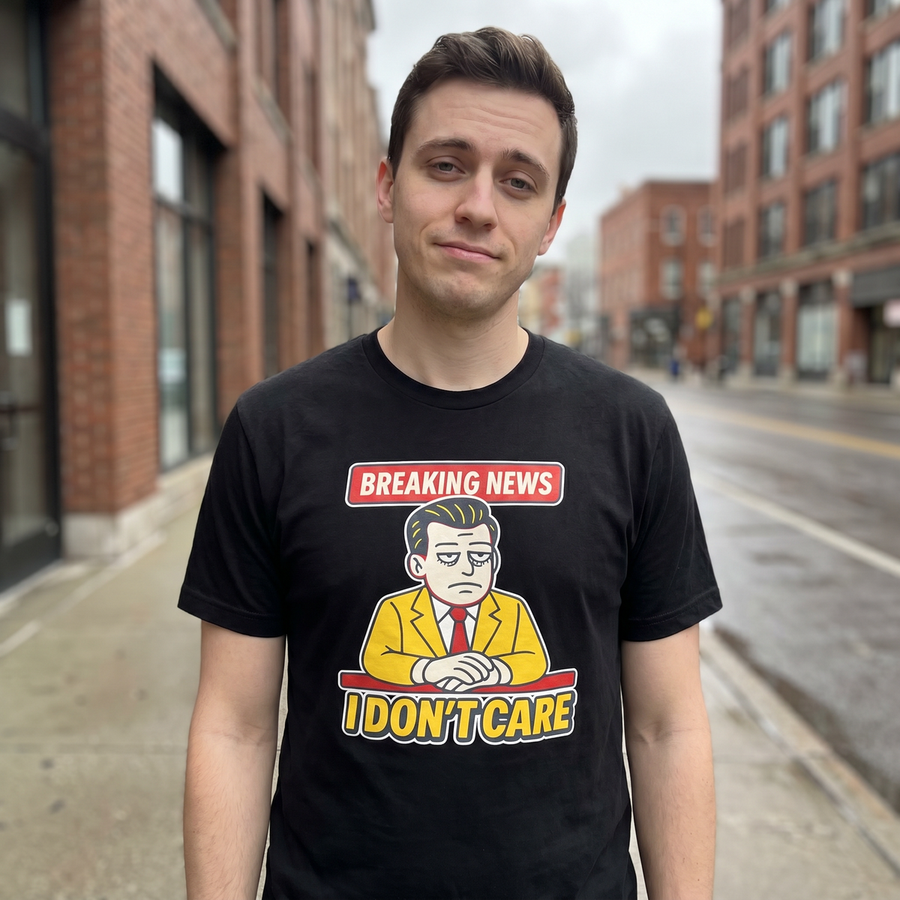 Person on city sidewalk wearing Breaking News I Don't Care tee, 1:1 lifestyle